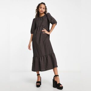 Nobody's Child Rachel puff sleeve smock midi dress in brown check size 24